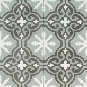 grey and black tile with a moroccan flower pattern