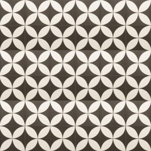black tile with a thick white design that makes up petal shapes