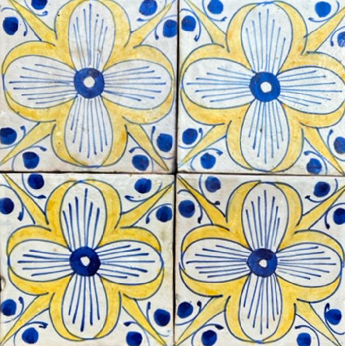 Moroccan Handmade Tiles - Glazed Blue and Yellow French Daisy