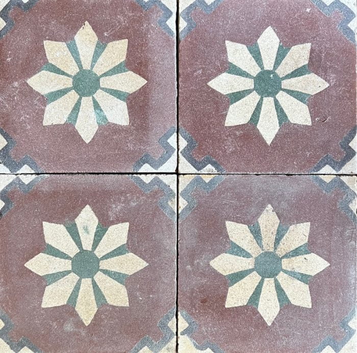 Antique Encaustic Cement Tiles - Rust Flower Antique