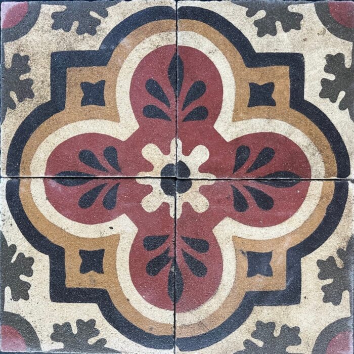 Antique Encaustic Cement Tiles - Exotic Red Daisy Antique